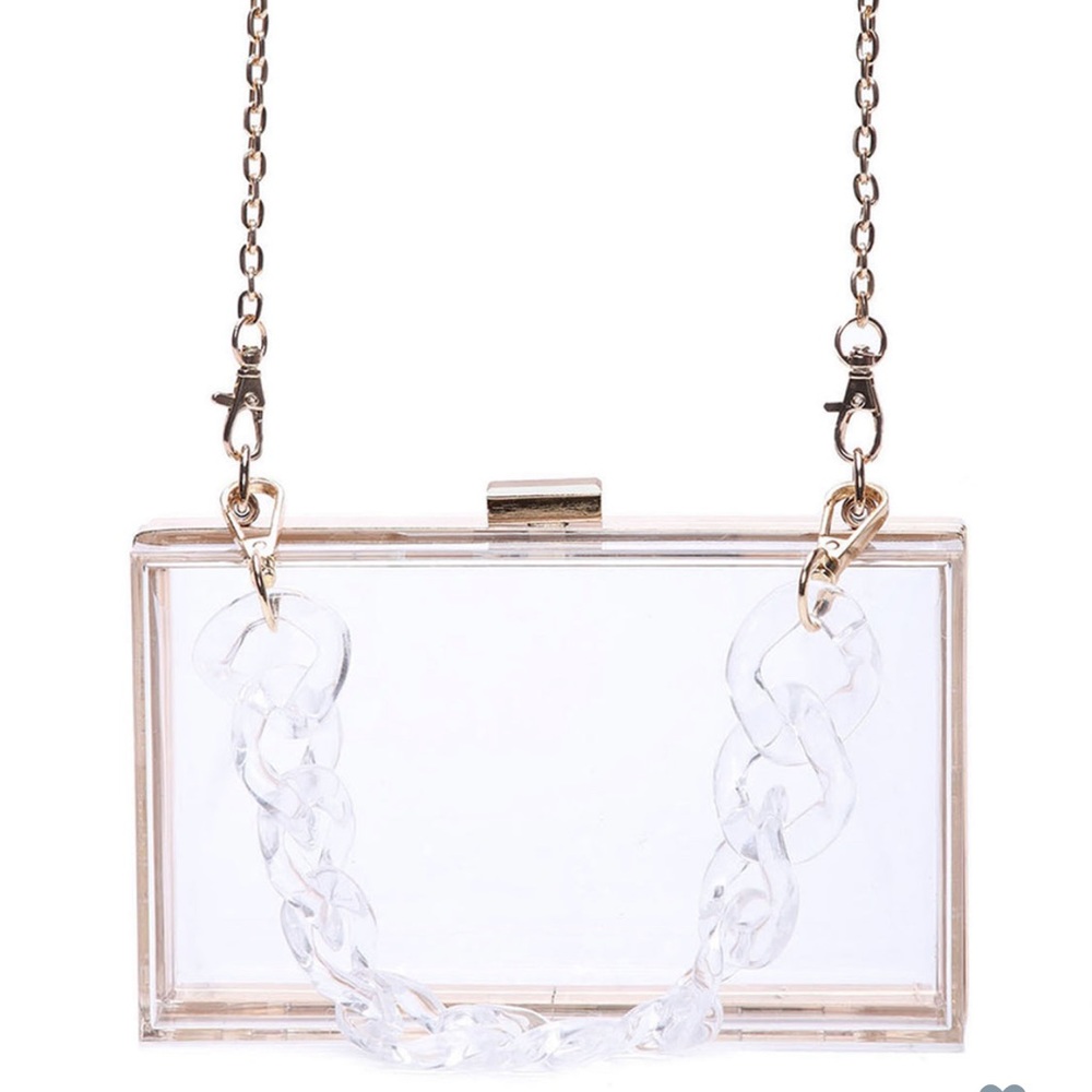 Brand new transparent square clutch with gold accents